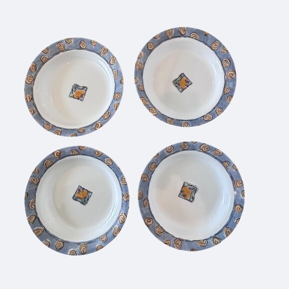 Corelle Vitrelle Impressions Watercolors Rimmed Soup Bowl Salad Set 4 Blue EUC - Picture 1 of 7